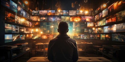 Man Sitting in Front of Wall of Televisions Generative AI