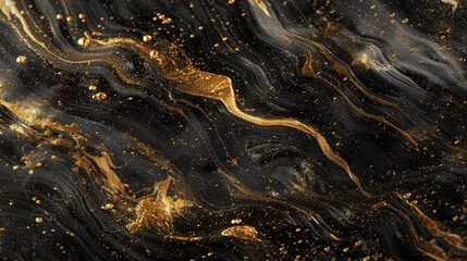 A closeup of a deeply textured abstract painting, where blobs and streaks of gold clash and blend with the black background, evoking an almost celestial scene.