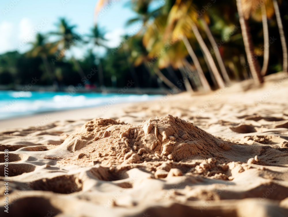Poster a closeup of sand on a sunny beach with blurred palm trees and ocean in the background. ai generativ
