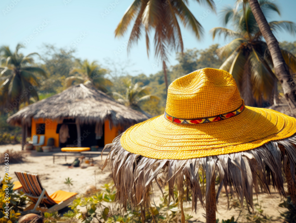 Poster A straw hat in focus on a sunny beach with palm trees and a hut in the background. Ai generative illustration