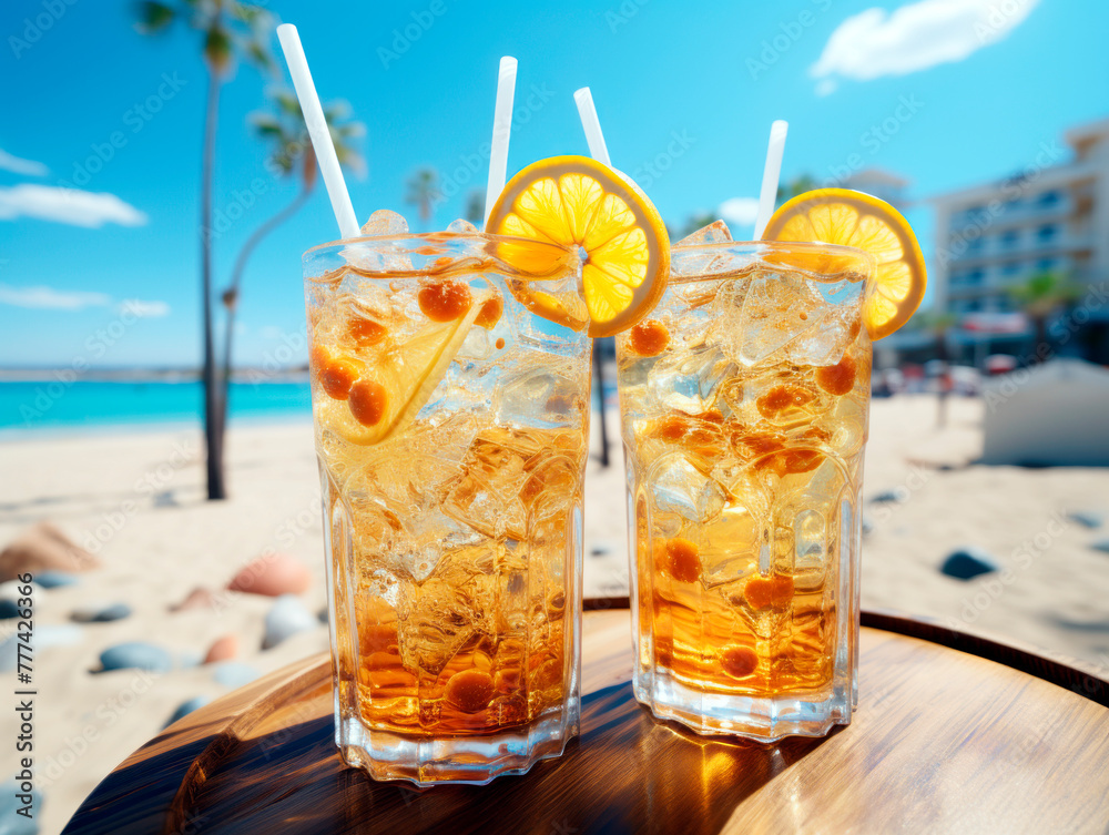 Poster Closeup of refreshing drinks on a beach table with ocean and sand as background. Ai generative illustration