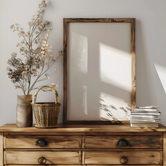 Minimalist Empty Wooden Frame Canvas Mockup on a Vintage Shelf or Dresser, vase of beige flowers and a basket, interior design
