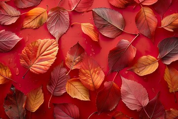 Fototapeta na wymiar Autumn transparent leaves over red background