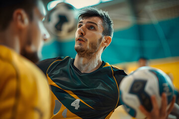 Two men in sports uniform playing handball with a ball in a gym
