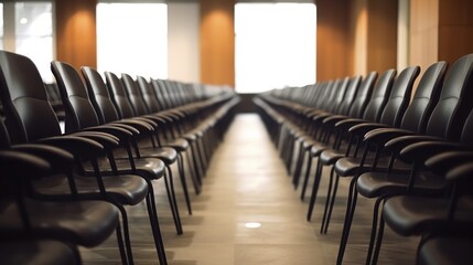 Rows of empty chairs await business seminar. Modern conference room interior. Corporate meeting space.