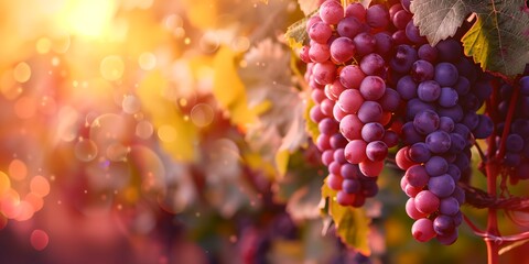 A bunch of grapes hanging from a vine. The grapes are ripe and ready to be picked - obrazy, fototapety, plakaty