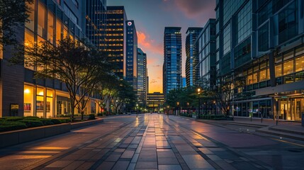 City street at twilight with modern buildings, glowing windows, and peaceful atmosphere, perfect...