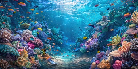 Underwater coral reefs with colorful fish swimming around, scenic view, created with AI