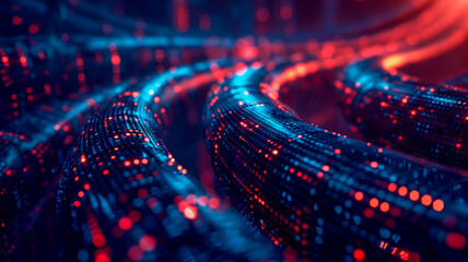 Vibrant fiber optic cables with shallow depth of field, creating a futuristic and abstract image, with boken effect lighting in background and copy space.