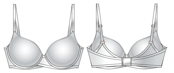 Satin Silk Cup Push up Bra technical illustration. Editable underwear flat fashion sketch bralette white