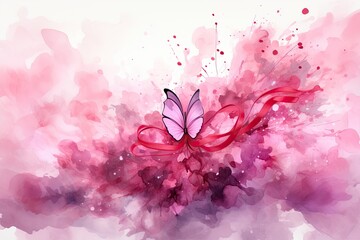 Pink Butterfly With Red Ribbon Painting Generative AI