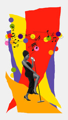 Elegant young woman, musician singing on white background with abstract colorful elements. Contemporary art collage. Jazz concert. Concept of music festival, creativity, inspiration, art, event
