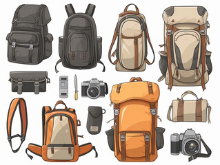Assorted Travel Backpacks and Camera Equipment Illustration