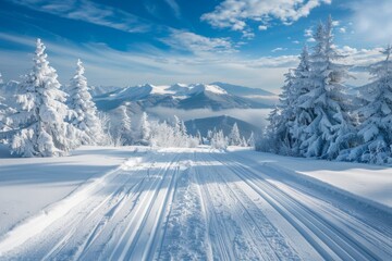 KS Beautiful winter landscape with ski track and snow
