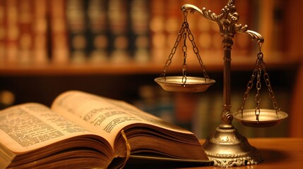 Scales of justice on desk against backdrop of legal books in a library, symbolizing law, order, and jurisprudence.