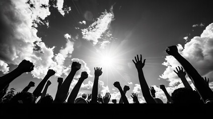 Silhouette of multiple raised hands with sunburst through clouds, conveying unity or celebration.