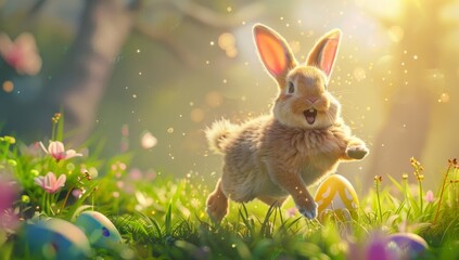  KS Cute smiling Easter bunny running on the meadow with