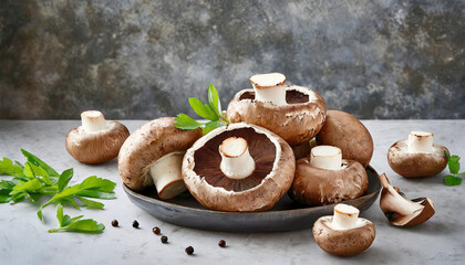 Raw fresh portabella mushrooms on a clean backdrop.