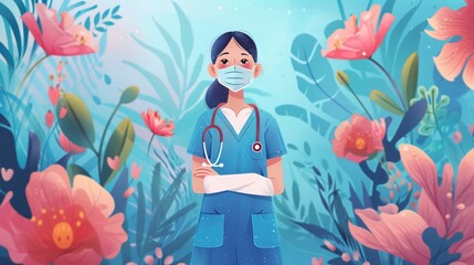 Fototapeta na wymiar A cheerful animated nurse standing among blooming spring flowers, symbolizing hope and care in healthcare.