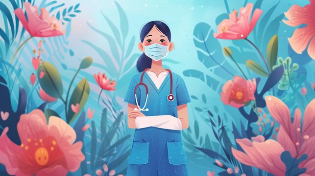 A cheerful animated nurse standing among blooming spring flowers, symbolizing hope and care in healthcare.