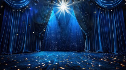 A classic theater stage with deep blue curtains and star-like tiny lights, centered by a brilliant, white spotlight.