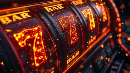 Foto op Canvas a futuristic neon-themed casino slot machine featuring a dazzling display of lights and a prominently glowing lucky number 7 in a brilliant glow attractive look © Noman