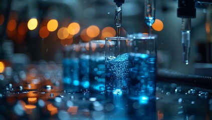 An electric blue liquid fills a pipette in a laboratory, ready for precise measurements. The glass tube gleams with the vibrant fluid - obrazy, fototapety, plakaty