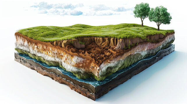 Detailed cross-section showing various soil layers, grass, and mature trees against a mountainous background.
