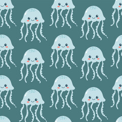 Seamless pattern of cute jellyfish on blue background. Marine life animals. Template for baby shower, print, fabric, greeting cards and invitation. Vector illustration - obrazy, fototapety, plakaty