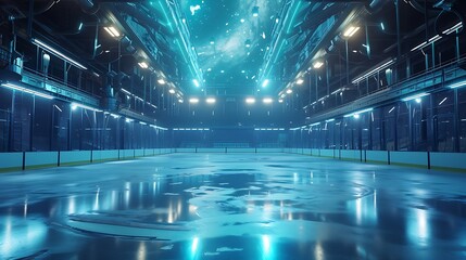 a futuristic, sci-fi-inspired depiction of an isolated ice hockey rink with advanced lighting...