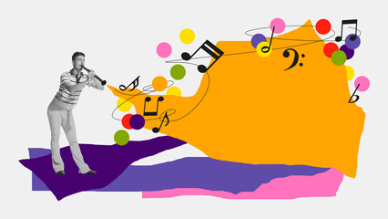 Artistic illustration of man playing clarinet on white background with abstract colorful elements....