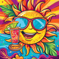 A cartoon sun wearing sunglasses and flip-flops sipping on a tropical drink with a vibrant