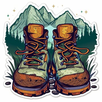 Sticker of a pair of hiking boots on a trail with symbolic footprints leading towards the mountains