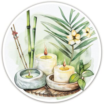Watercolor style sticker of a serene spa setting including candles and bamboo