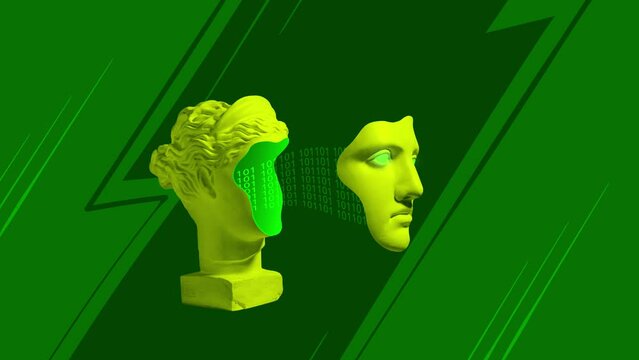 Creative animation. Stop motion. Ancient Greek statue with binary code on green background. Concept of IT technologies, programming, transmission of information.