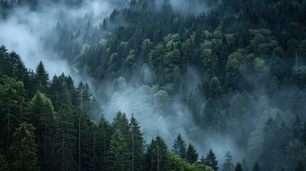 A captivating image of a dense forest in the Black Forest, where the early morning mist rises among the trees, creating a tranquil and mystical setting.