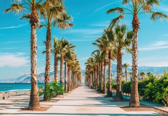 Palm Trees on the seaside with a beautiful view, scenic, created with AI