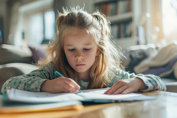 Dedicated 8 year old girl, doing homework at home