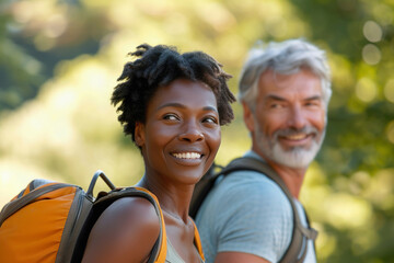 Middle aged multiracial married couple or friends hiking outdoors