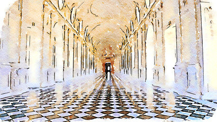 Creative illustration of Reggia di Venaria Reale gallery - Italy. Luxury marbles in baroque Palace