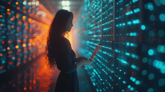 3D Graphics Concept: Big Data Center Female Chief Technology Officer Using Laptop Standing In Warehouse, Activates Servers, Information Digitalization Starts. SAAS, Cloud Computing, Web Service.