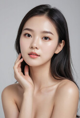 beautiful Korean girl good skin  black hair white background  skin care  Hight detail