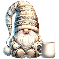 Watercolor of cute chubby gnome in beiged earth tone rich old money outfit. Gnome sitting with   coffee cup. Rich and wealthy gnome theme. Manifestion abundance gnome. 