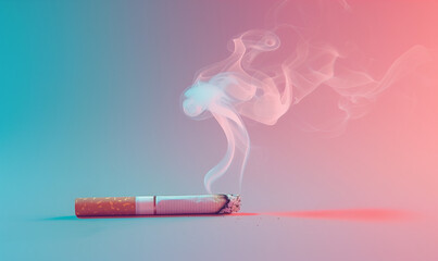 smoking cigarette lying on plain pink and blue gradient yellow studio background with text copy space