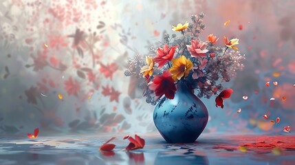 a harmonious blend of nature and technology in an AI-generated depiction of a vase with digitally enhanced and stylized flowers attractive look
