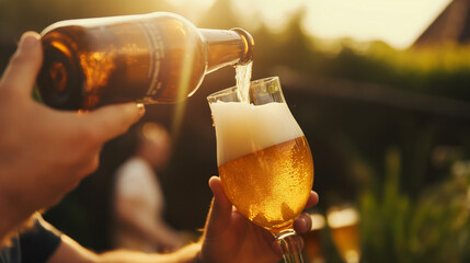 Man pours sparkling beer to the high-stemmed glass. Man pours beer in outdoor. Summer concept. Entertainment concept. - obrazy, fototapety, plakaty