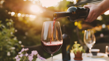 Man pours wine to the high-stemmed glass. Man pours wine in outdoor. Summer concept. Entertainment concept. - obrazy, fototapety, plakaty