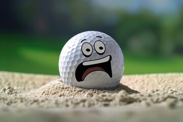 Funny but unhappy golf ball character stuck in a bunker/sand trap on a golf course.