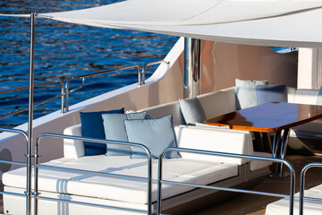 Luxury yacht. Comfortable expensive wooden design for holiday recreation tourism or travel and wealth concept.