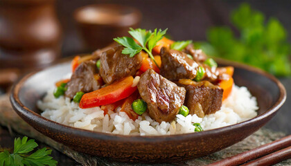 Beef stir-fry with vegetables on rice, close up.